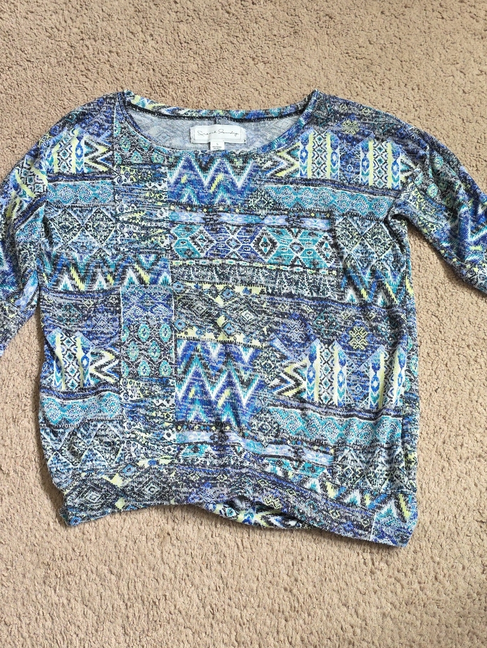 French Laundry Teal, Blue & Cream Geometric Knit Top
